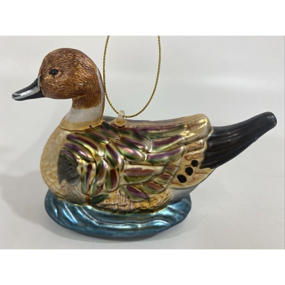 Blown Glass Mallard Duck Christmas Ornament Hand Painted Heavy 4.5”